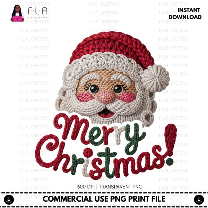 Alternative view of Santa Claus Faux Embroidery Merry Christmas Design PNG: Instant Download for Sublimation