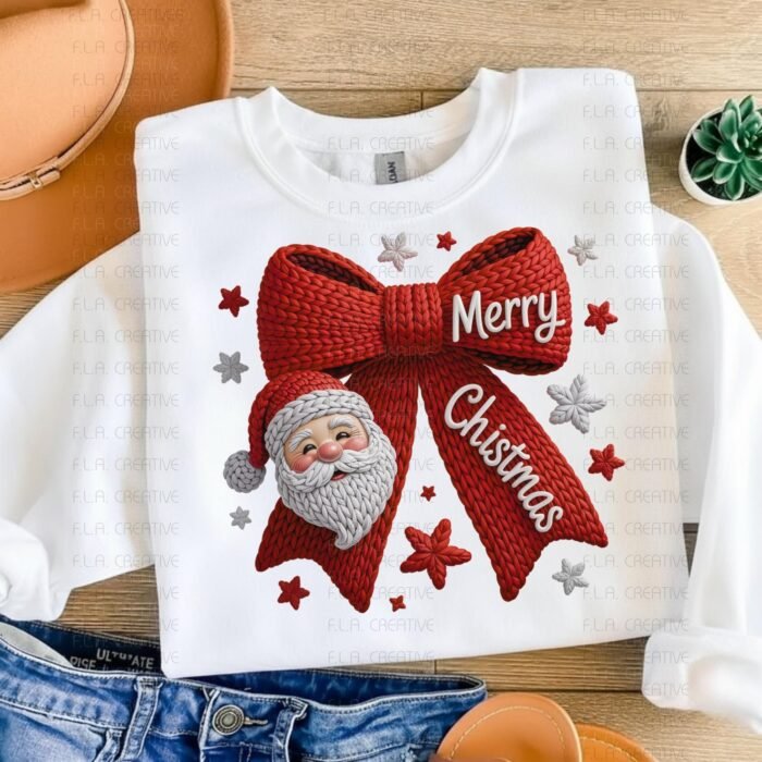 Santa Bow Merry Christmas Crochet PNG, Faux Embroidery Design