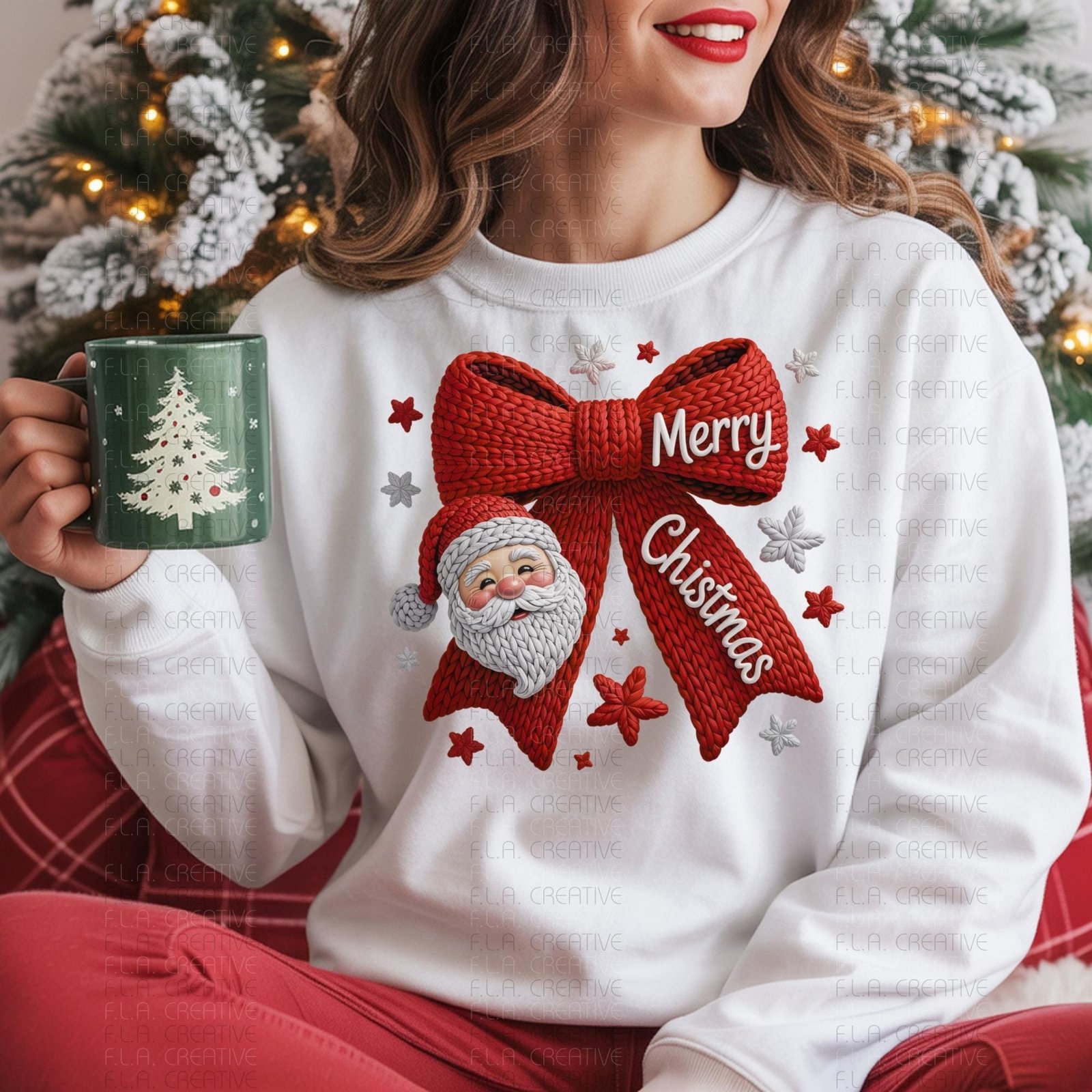 Santa Bow Merry Christmas Crochet PNG, Faux Embroidery Design - Image 3