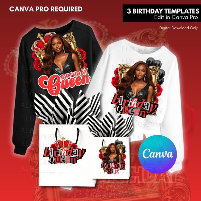 Melanin Birthday Queen Shirt Design, Red Black Gold, Canva Template (Digital Download)