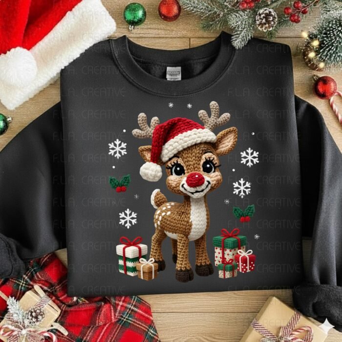 Christmas Crochet Reindeer PNG: Faux Yarn Style, Festive Design