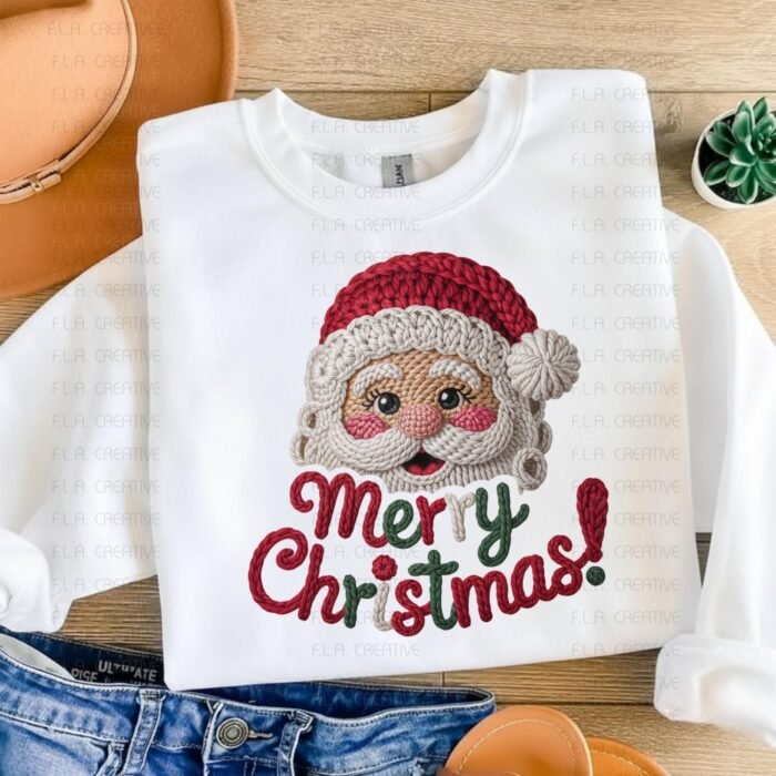 Santa Claus Faux Embroidery Merry Christmas Design PNG: Instant Download for Sublimation