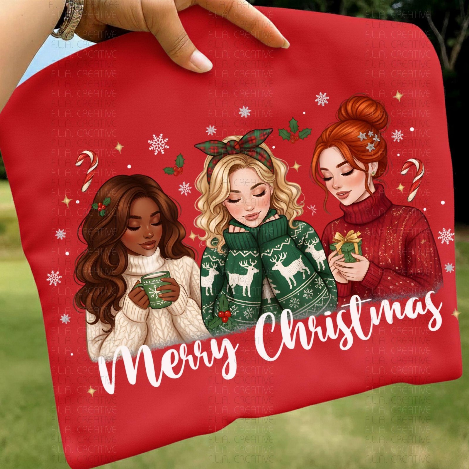 Merry Christmas Girls PNG, Black Girl Christmas Sublimation, Holiday Friends Winter Clipart, Cozy Sweater PNG, DTF Print, Xmas Shirt Design - Image 3