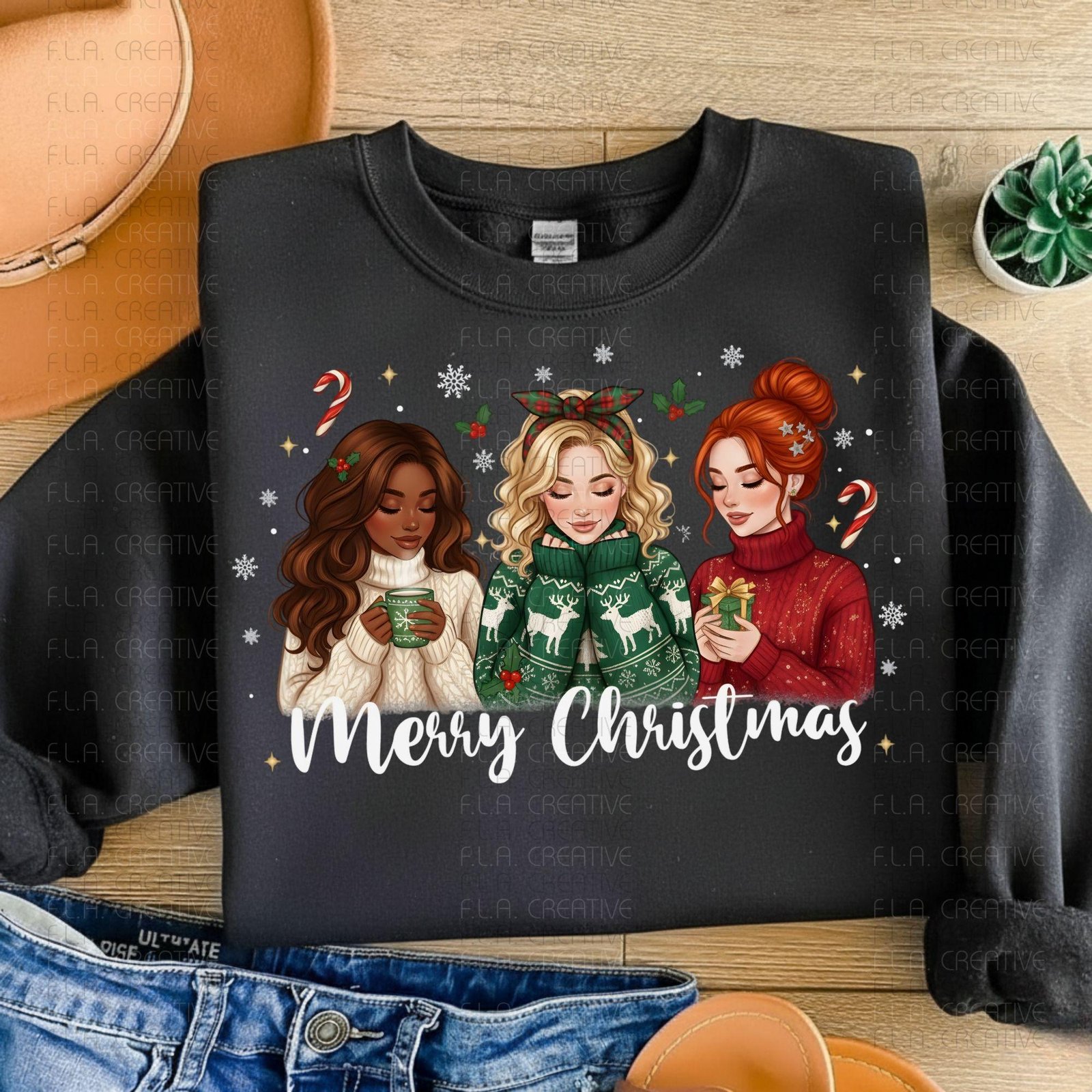 Merry Christmas Girls PNG, Black Girl Christmas Sublimation, Holiday Friends Winter Clipart, Cozy Sweater PNG, DTF Print, Xmas Shirt Design - Image 4