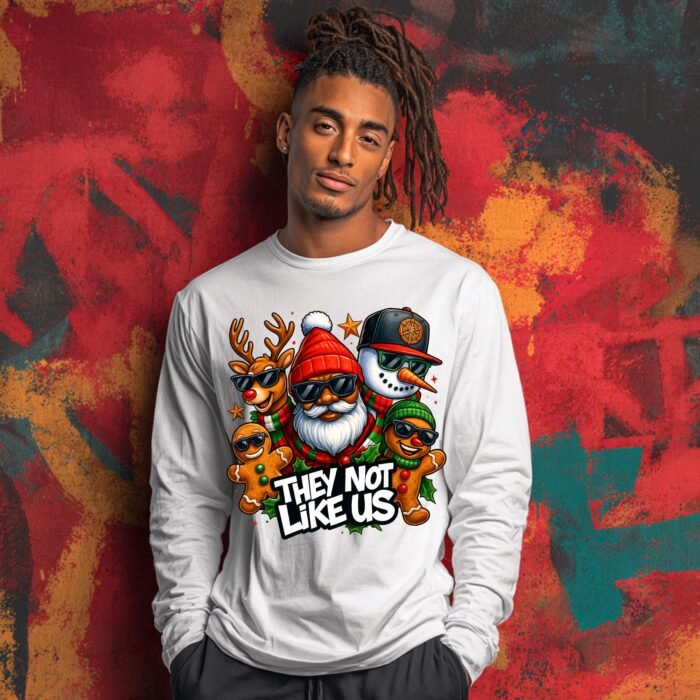 They Not Like Us Christmas PNG, Black Santa Claus with Reindeer, Snowman and Gingerbread Man