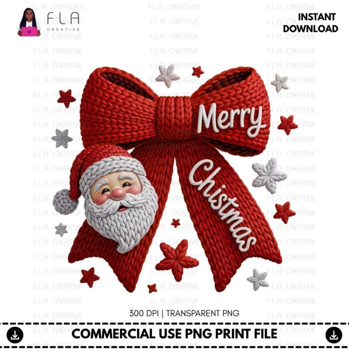 Alternative view of Santa Bow Merry Christmas Crochet PNG, Faux Embroidery Design