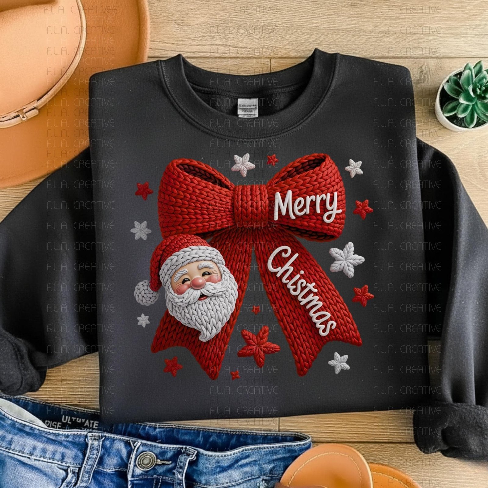 Santa Bow Merry Christmas Crochet PNG, Faux Embroidery Design - Image 4