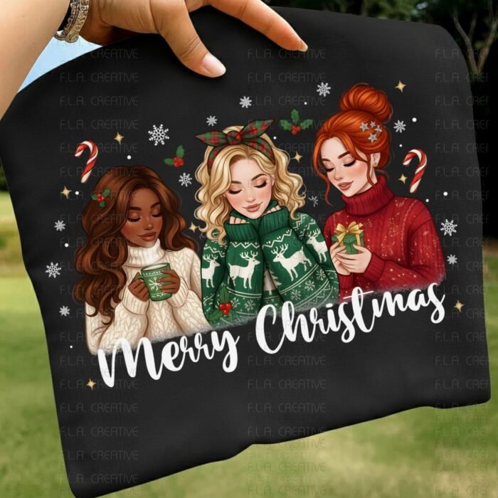 Merry Christmas Girls PNG, Black Girl Christmas Sublimation, Holiday Friends Winter Clipart, Cozy Sweater PNG, DTF Print, Xmas Shirt Design