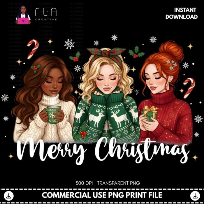 Alternative view of Merry Christmas Girls PNG, Black Girl Christmas Sublimation, Holiday Friends Winter Clipart, Cozy Sweater PNG, DTF Print, Xmas Shirt Design