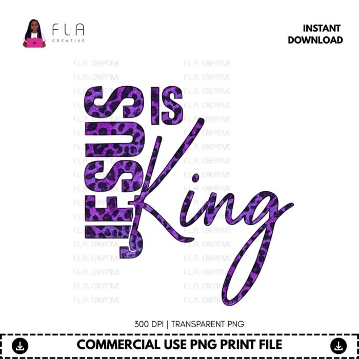 Alternative view of Jesus Is King PNG Download | Purple Leopard Christian Shirt Design | Faith Sublimation | DTF Print | Instant Digital Download