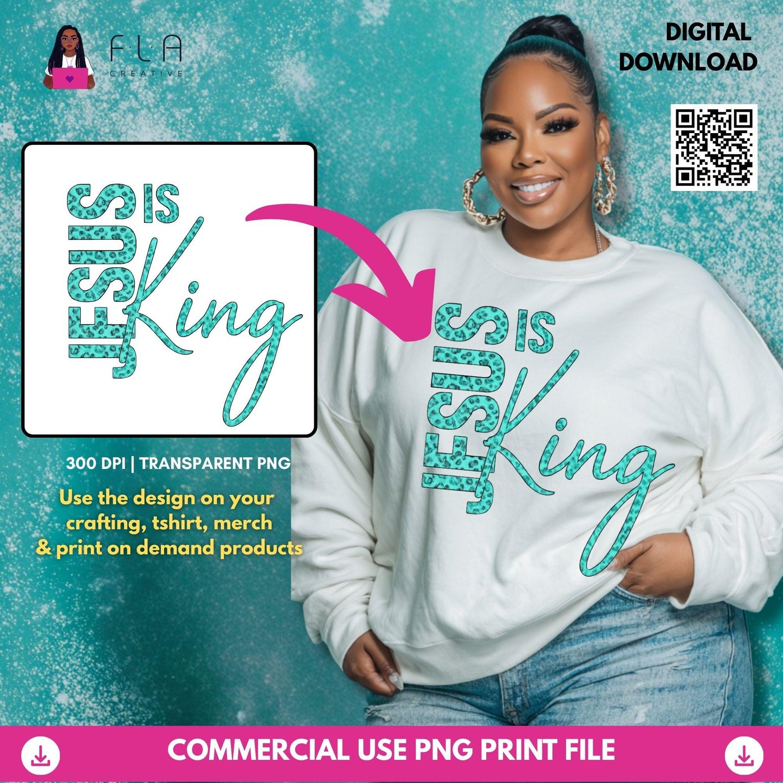 Jesus Is King PNG Download | Teal Leopard Christian Shirt Design | Faith Sublimation | DTF Print | Instant Digital Download - Image 3