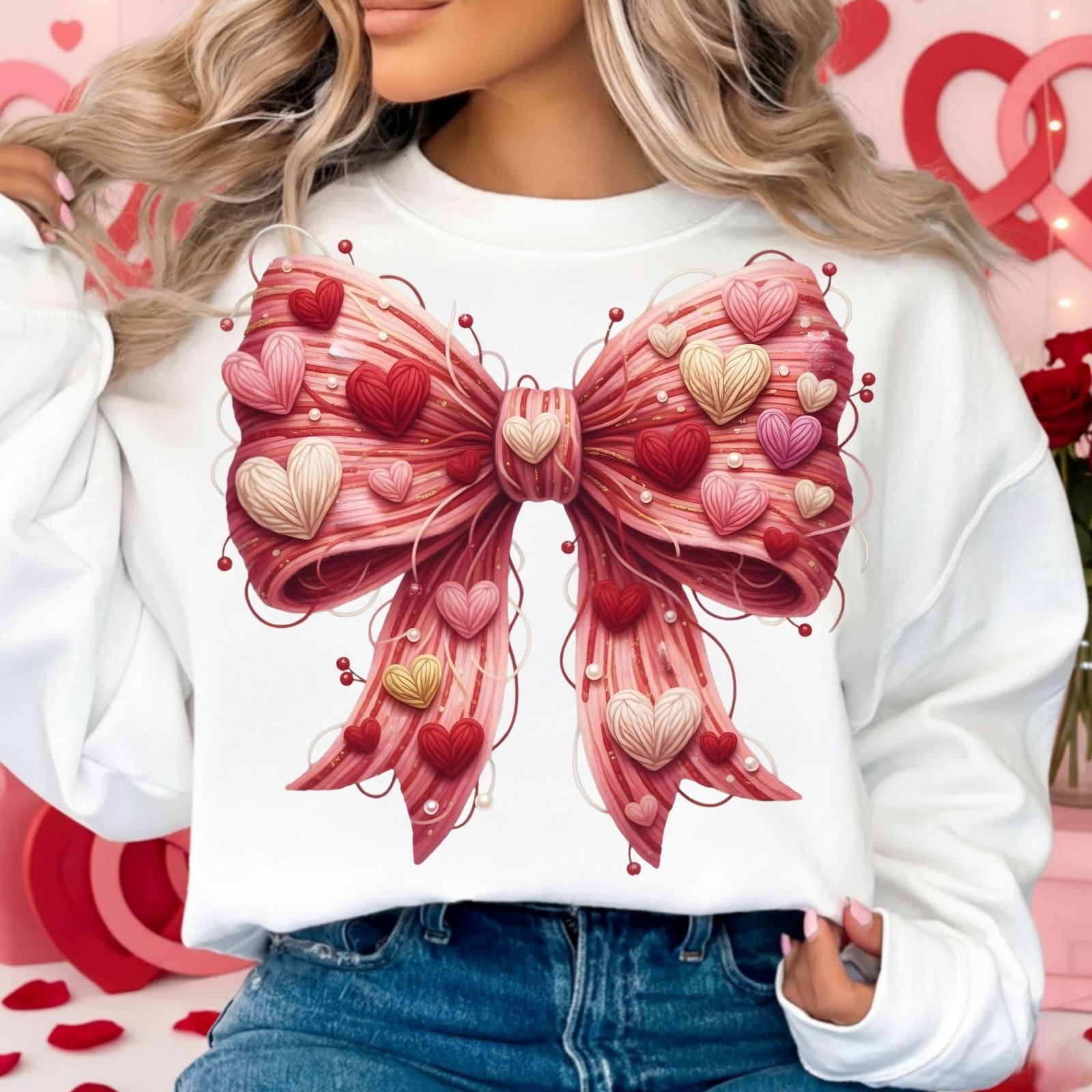 Faux Yarn Heart Bow PNG, Coquette Valentine Bow Clipart, Pink Red Layered Hearts PNG, Sublimation Design, Cute Aesthetic Bow Art