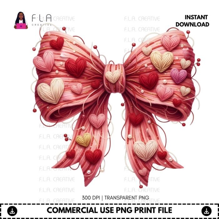 Alternative view of Faux Yarn Heart Bow PNG, Coquette Valentine Bow Clipart, Pink Red Layered Hearts PNG, Sublimation Design, Cute Aesthetic Bow Art