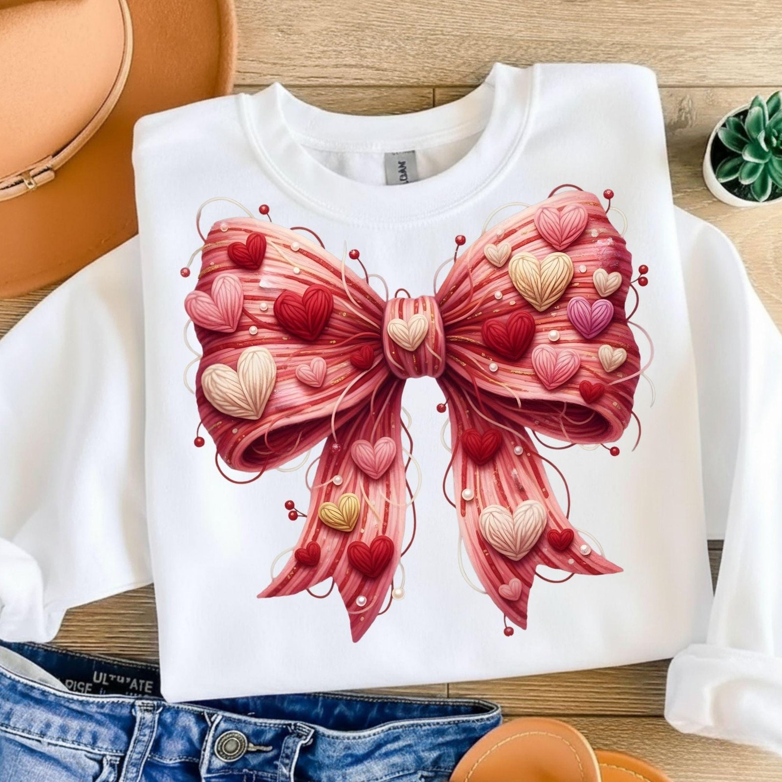 Faux Yarn Heart Bow PNG, Coquette Valentine Bow Clipart, Pink Red Layered Hearts PNG, Sublimation Design, Cute Aesthetic Bow Art - Image 6