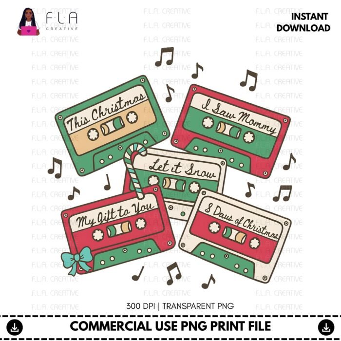 Alternative view of Retro Christmas Cassette PNG, Holiday Music Mix Tape Clipart, Vintage Xmas Songs Design for Shirts, Sublimation, Instant Digital Download
