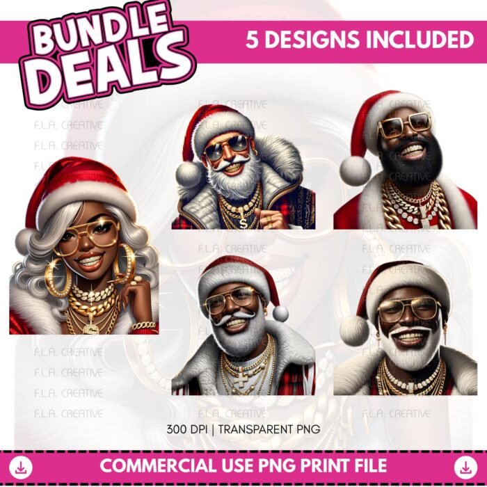 Hip Hop Santa PNG Bundle, Black Santa Clipart, Christmas PNG Set, Urban Santa Graphics, Afrocentric Xmas Art, Sublimation Designs, DTF Print