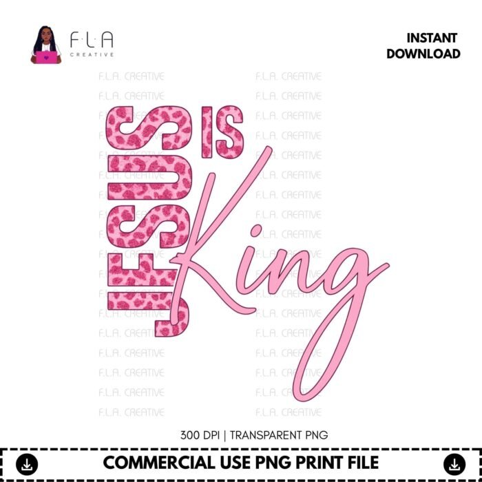 Alternative view of Jesus Is King PNG Download | Pink Leopard Christian Shirt Design | Faith Sublimation | DTF Print | Instant Digital Download
