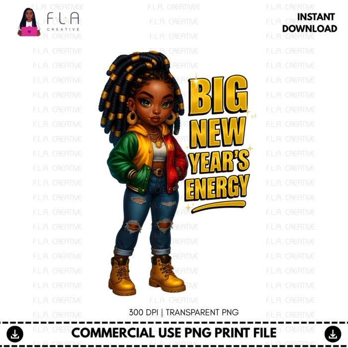 Alternative view of Big New Year’s Energy PNG, Cute Black Girl New Year Sublimation Design, NYE Shirt Graphic, Afro Girl Clipart, Instant Digital Download
