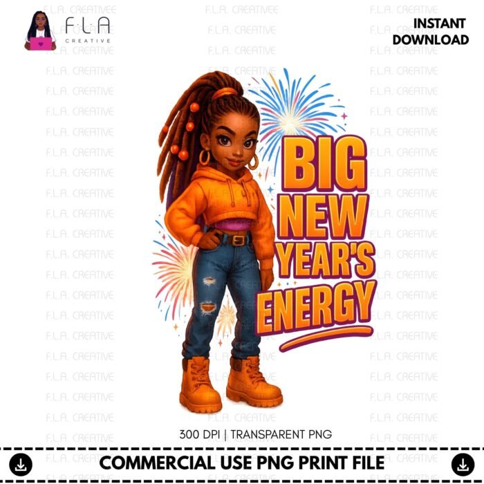 Alternative view of Big New Year’s Energy PNG, Cute Black Girl New Year Sublimation Design, NYE Shirt Graphic, Afro Girl Clipart, Instant Digital Download