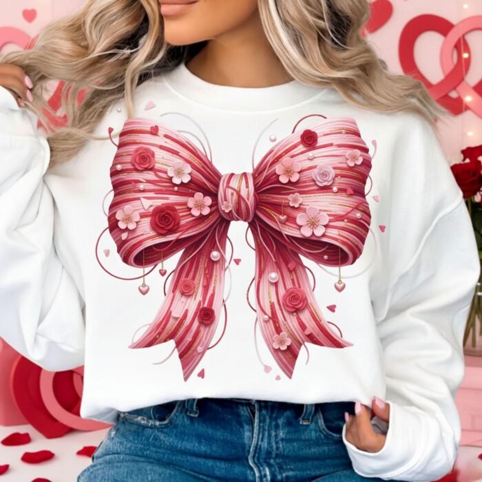 Faux Yarn Floral Bow PNG, Valentine Coquette Bow Clipart, Rose Cherry Blossom Bow Png, Pink Red Sublimation Design, Cute Love Clipart