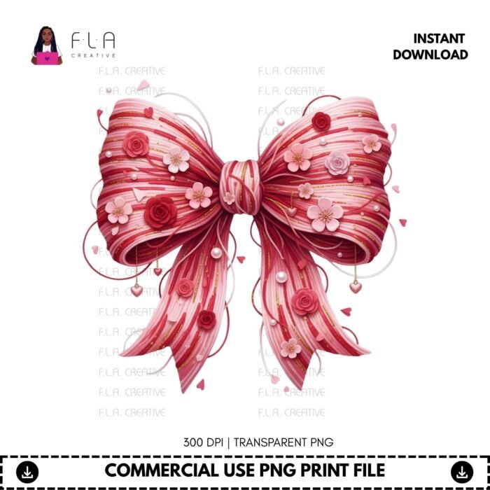 Alternative view of Faux Yarn Floral Bow PNG, Valentine Coquette Bow Clipart, Rose Cherry Blossom Bow Png, Pink Red Sublimation Design, Cute Love Clipart