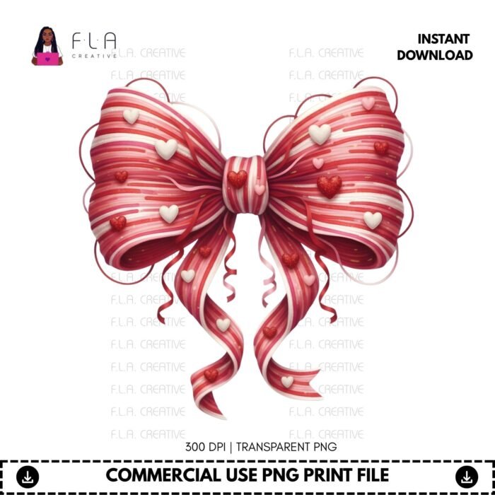 Alternative view of Faux Yarn Valentine Bow PNG, Coquette Heart Bow Clipart, Candy Stripe Pink Red Bow, Sublimation PNG, Cute Girly Valentine Clipart
