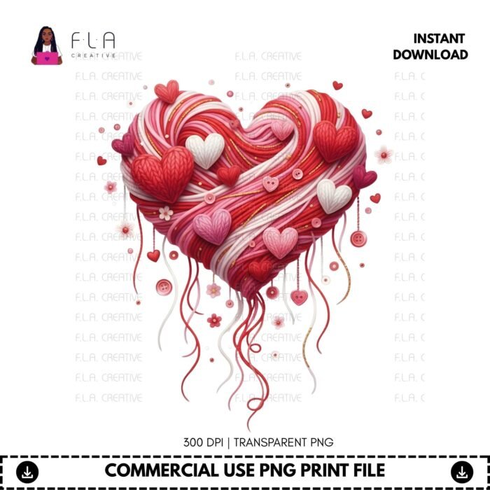 Alternative view of Faux Yarn Heart PNG, Coquette Valentine Heart Clipart, Pink Red Yarn Heart Design, Cute Kawaii Love PNG, Sublimation Valentine Art