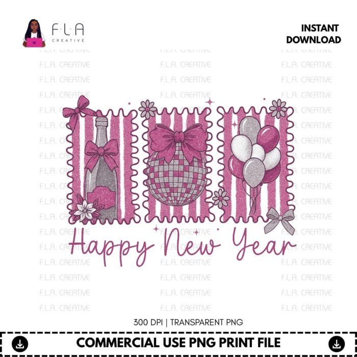 Alternative view of Happy New Year PNG Retro Pastel Stamps Design | New Year Shirt Sublimation PNG | Cute Champagne Disco Ball Balloons | Digital Download