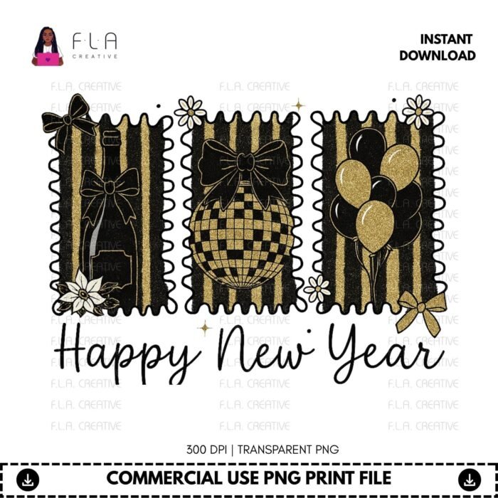 Alternative view of Happy New Year PNG Retro Pastel Stamps Design | New Year Shirt Sublimation PNG | Cute Champagne Disco Ball Balloons | Digital Download