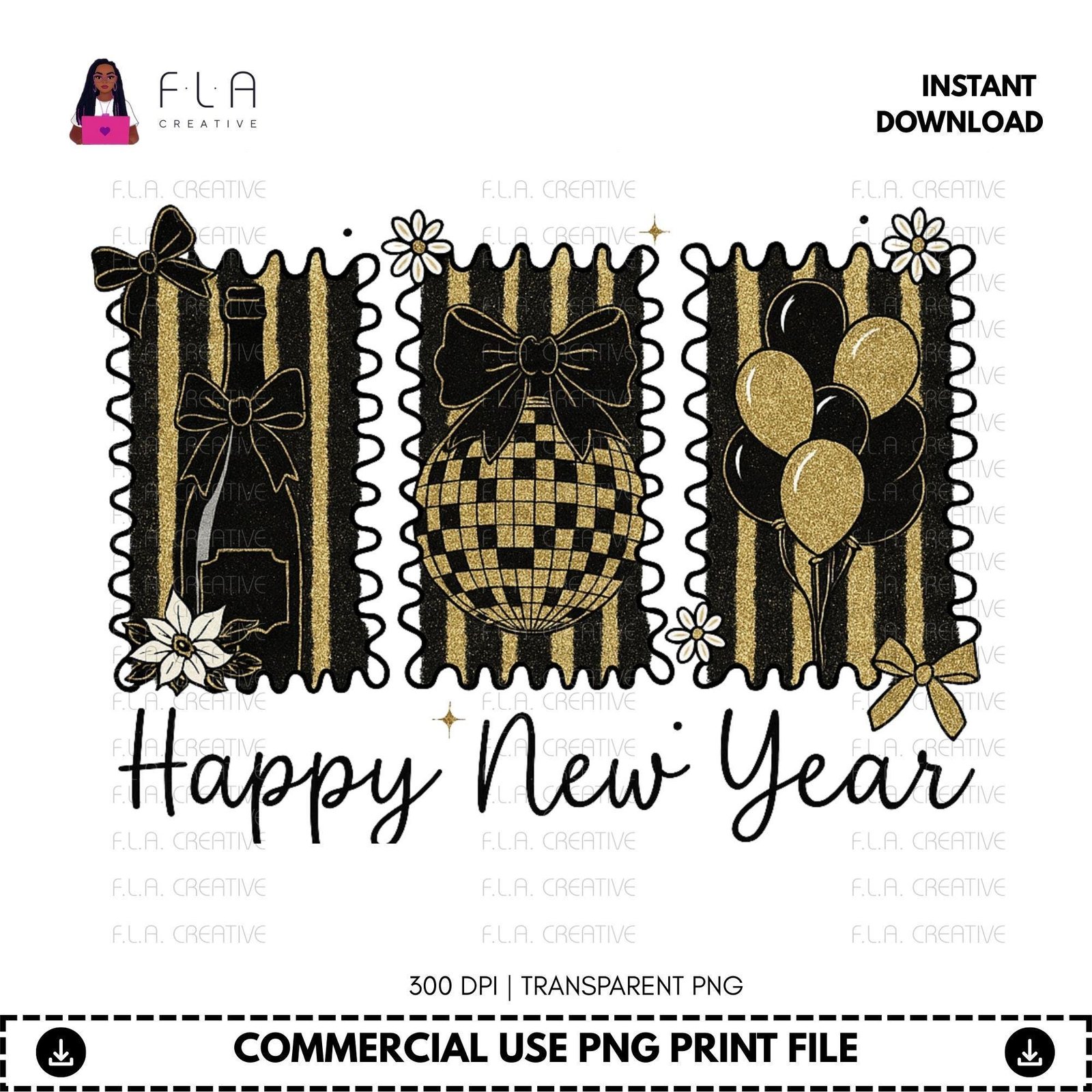 Happy New Year PNG Retro Pastel Stamps Design | New Year Shirt Sublimation PNG | Cute Champagne Disco Ball Balloons | Digital Download - Image 2