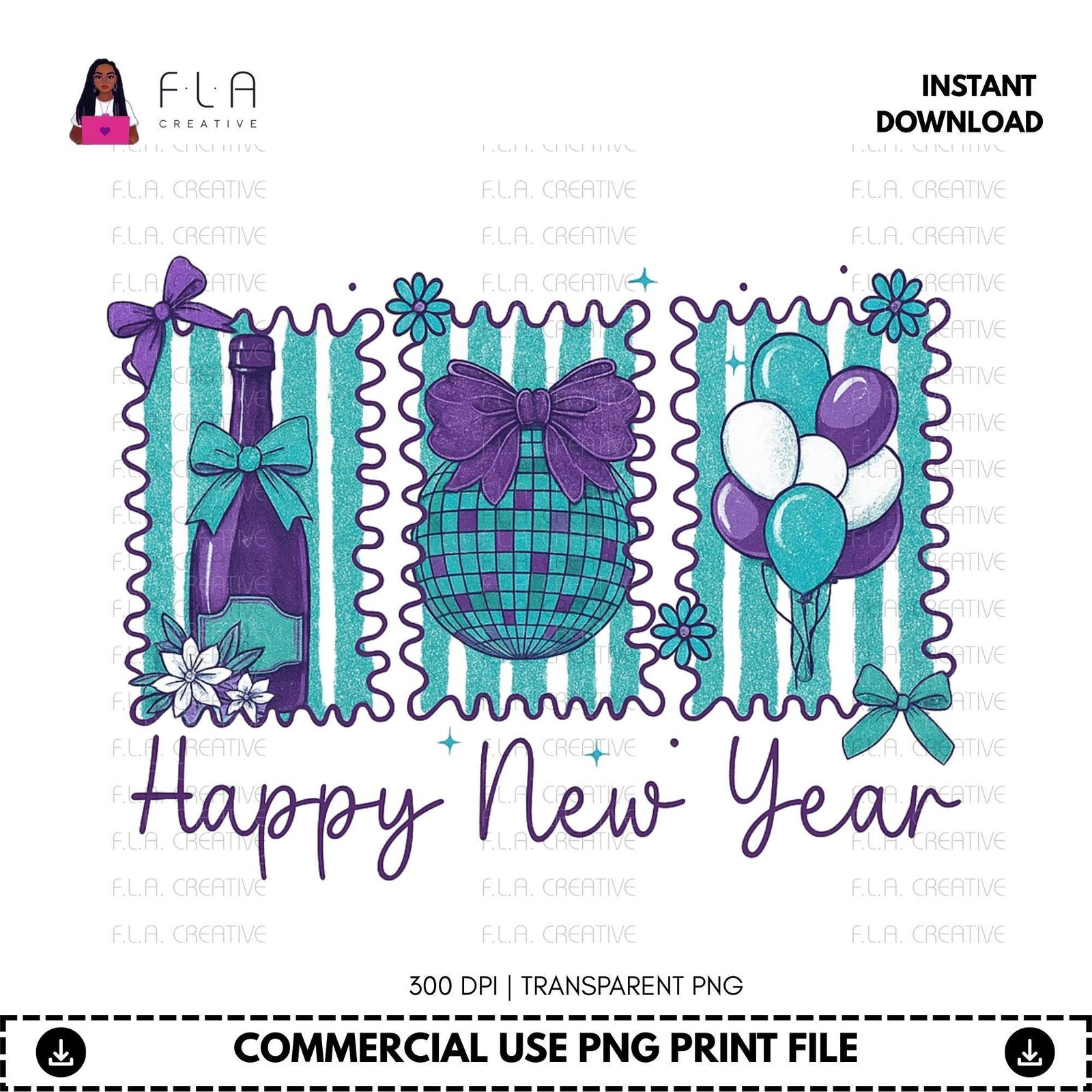 Happy New Year PNG Retro Pastel Stamps Design | New Year Shirt Sublimation PNG | Cute Champagne Disco Ball Balloons | Digital Download - Image 2