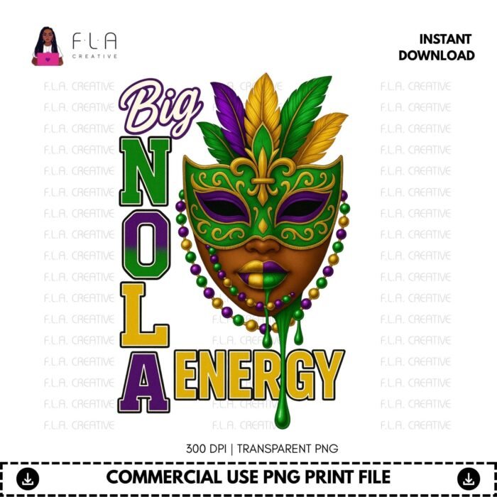 Alternative view of Big NOLA Energy Mardi Gras PNG | Carnival Mask Graphic for Shirts | New Orleans Party Design | Sublimation & DTF Print | Digital Download