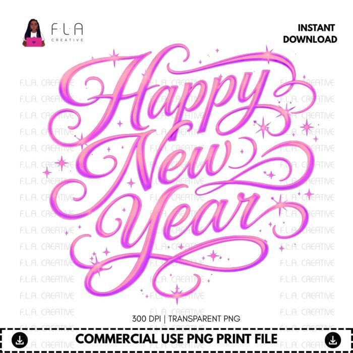 Alternative view of Happy New Year PNG Bundle, 4 Color Script New Years Designs, Gold Pink Teal Silver Sublimation PNG, DTF Print