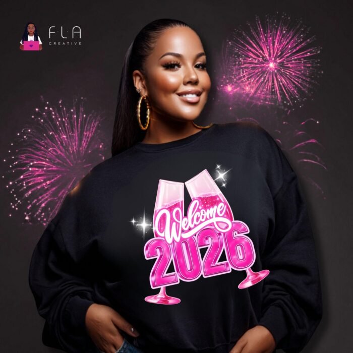 Welcome 2026 PNG Pink, New Year Champagne Glasses Design, New Years Shirt PNG, Sublimation DTF File