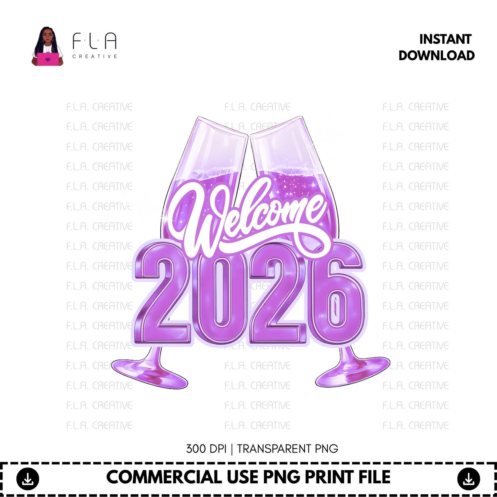 Welcome 2026 PNG Purple, Glam New Year Champagne Glasses, New Years Shirt Design, Sublimation - Image 2