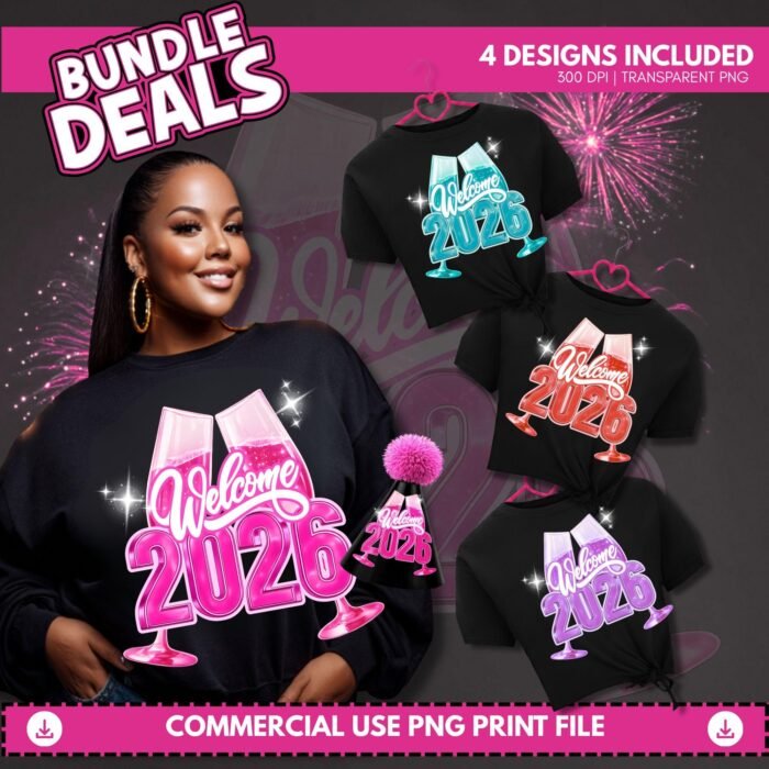 Welcome 2026 PNG Bundle, 4 Color New Year Champagne Designs, Pink Teal Red Purple Sublimation PNG