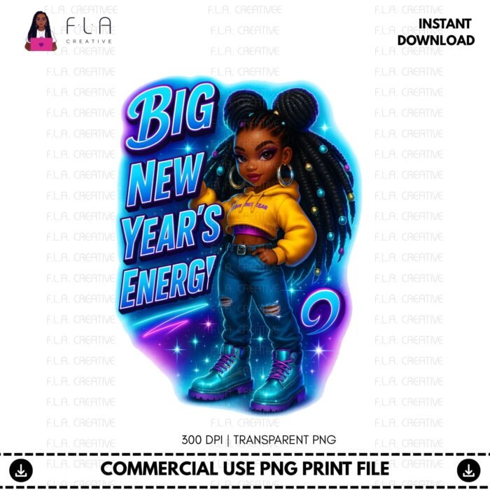 Alternative view of Big New Year’s Energy PNG, Cute Black Girl New Year Sublimation Design, NYE Shirt Graphic, Afro Girl Clipart, Instant Digital Download