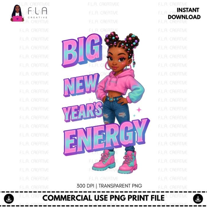 Alternative view of Big New Year’s Energy PNG, Cute Black Girl New Year Sublimation Design, NYE Shirt Graphic, Afro Girl Clipart, Instant Digital Download