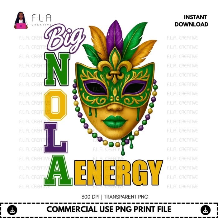 Alternative view of Big NOLA Energy Mardi Gras PNG | Carnival Mask Graphic for Shirts | New Orleans Party Design | Sublimation & DTF Print | Digital Download