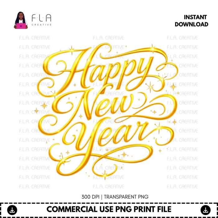 Alternative view of Happy New Year PNG: Gold Script Sparkle Sublimation Design - Commercial Use (Digital Download)