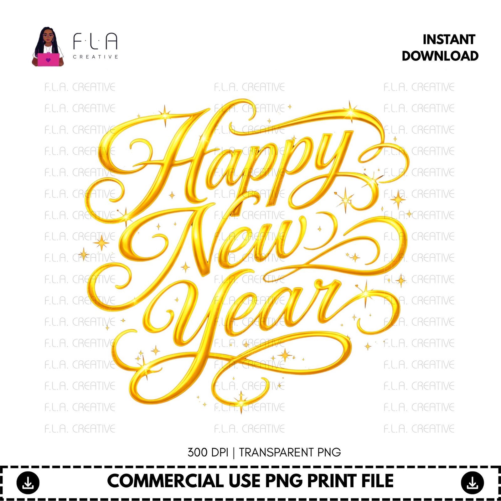 Happy New Year PNG: Gold Script Sparkle Sublimation Design - Commercial Use (Digital Download) - Image 2
