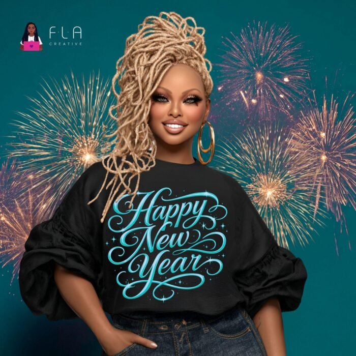 Happy New Year PNG: Teal Script Sparkle Sublimation Design - Commercial Use (Digital Download)