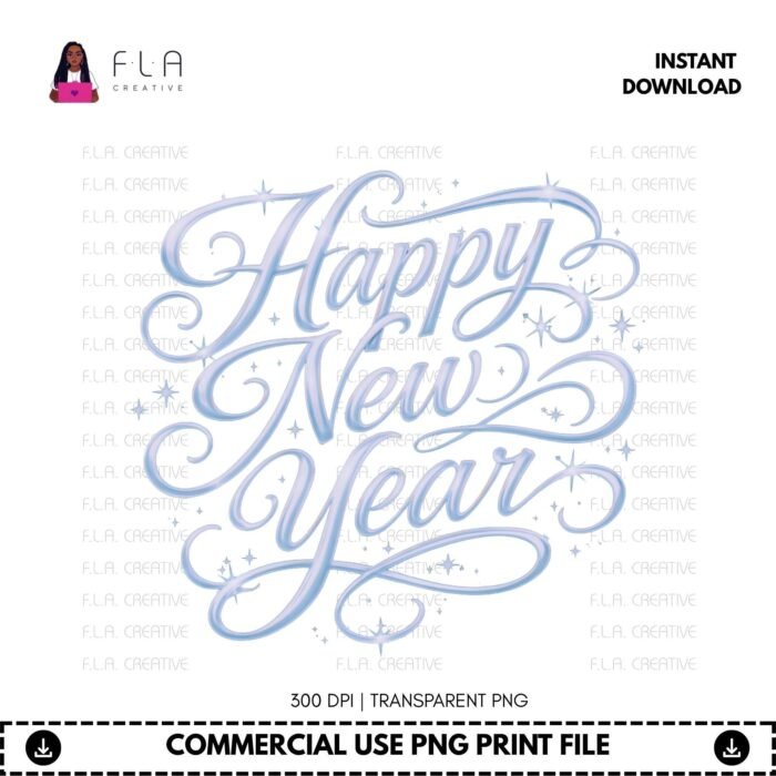Alternative view of Happy New Year PNG: Silver Script Sparkle Sublimation Design - Commercial Use (Digital Download)