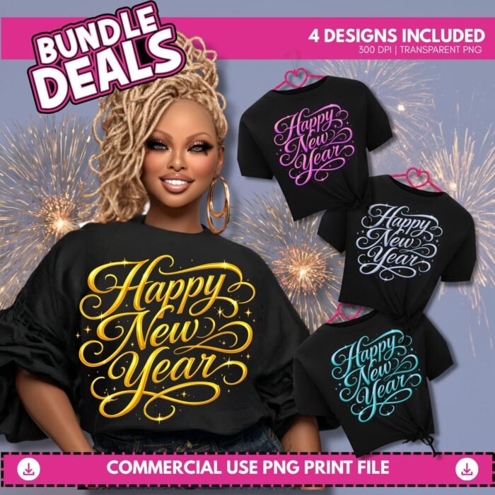 Happy New Year PNG Bundle, 4 Color Script New Years Designs, Gold Pink Teal Silver Sublimation PNG, DTF Print