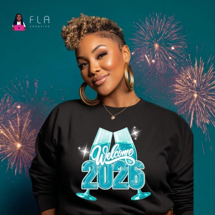 Welcome 2026 PNG Teal, New Year Champagne Glasses PNG, Modern New Years Shirt Design, Sublimation