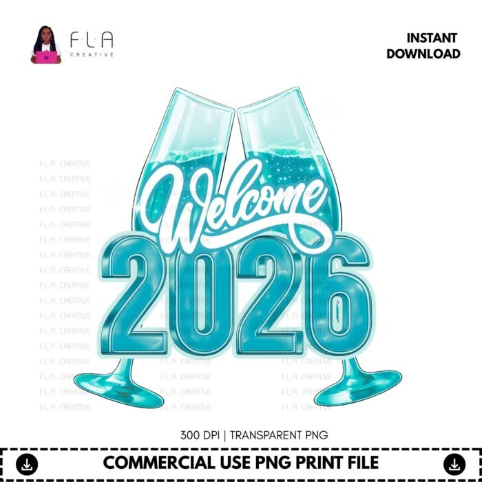 Alternative view of Welcome 2026 PNG Bundle, 4 Color New Year Champagne Designs, Pink Teal Red Purple Sublimation PNG