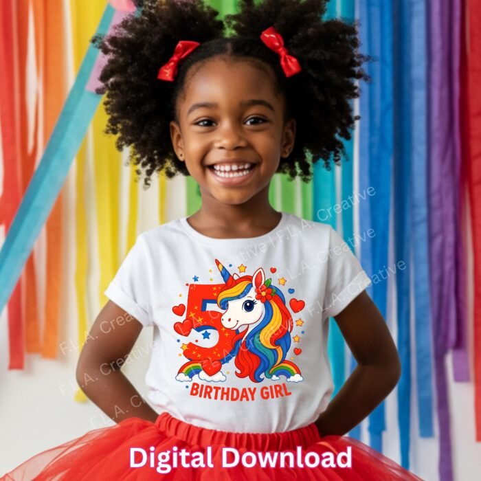 Alternative view of 5th Birthday Girl Unicorn PNG – Sublimation Design – Rainbow Birthday Shirt PNG – Digital Download – Unicorn Birthday Clipart