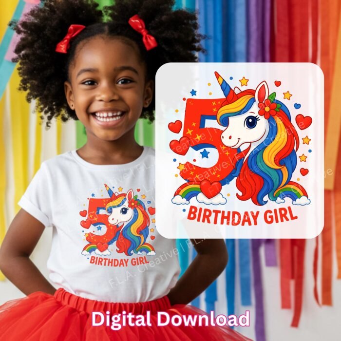 5th Birthday Girl Unicorn PNG – Sublimation Design – Rainbow Birthday Shirt PNG – Digital Download – Unicorn Birthday Clipart