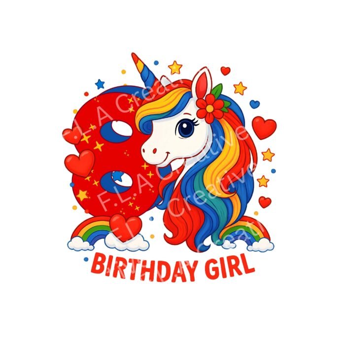 8th Birthday Girl Unicorn PNG – Sublimation Design – Rainbow Birthday Shirt PNG – Digital Download – Unicorn Birthday Clipart