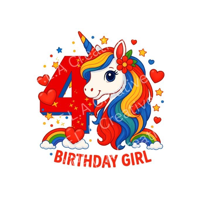 4th Birthday Girl Unicorn PNG – Sublimation Design – Rainbow Birthday Shirt PNG – Digital Download – Unicorn Birthday Clipart